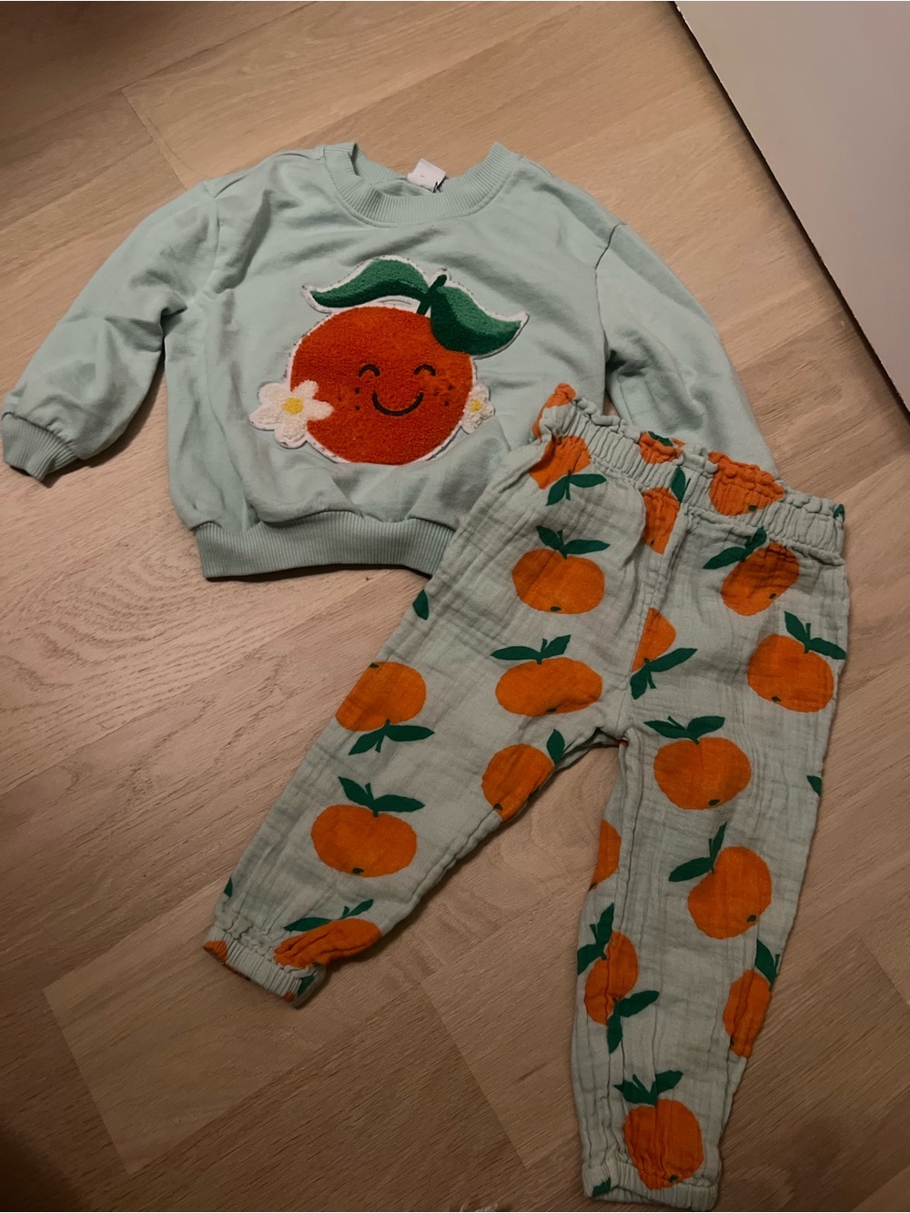 Old Navy Mint Sweatshirt & Pants Set with Orange Fruit Print